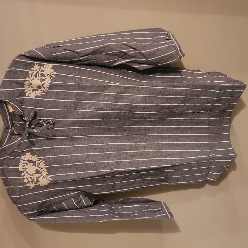 Hayden Blue and White Striped Kids Blouse with Floral Embroidery